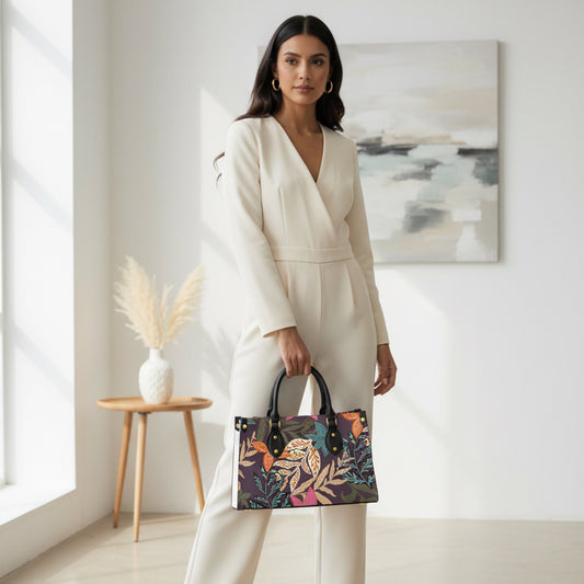 Floral, Botanical Themed Women's Tote Bag With Black Handle