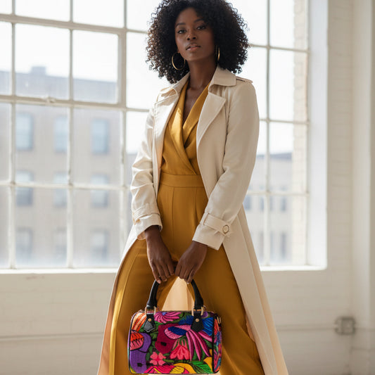 All Over Colorful Botanical and Ornithology Themed Classic Barrel-Shaped PU Leather Handbag