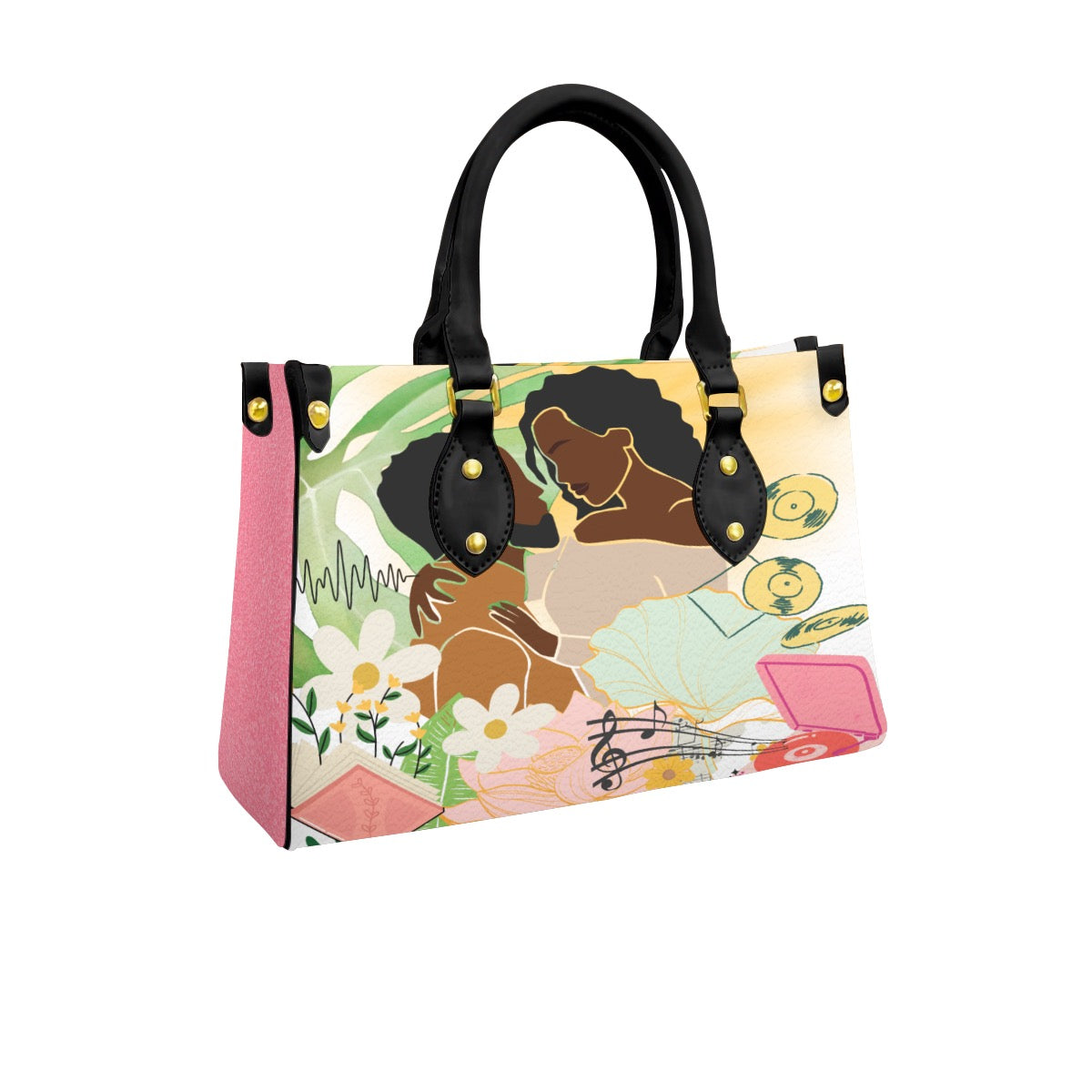 Black Couple Art Themed Women's Tote Bag With Black Handle with Pink Colored Sides