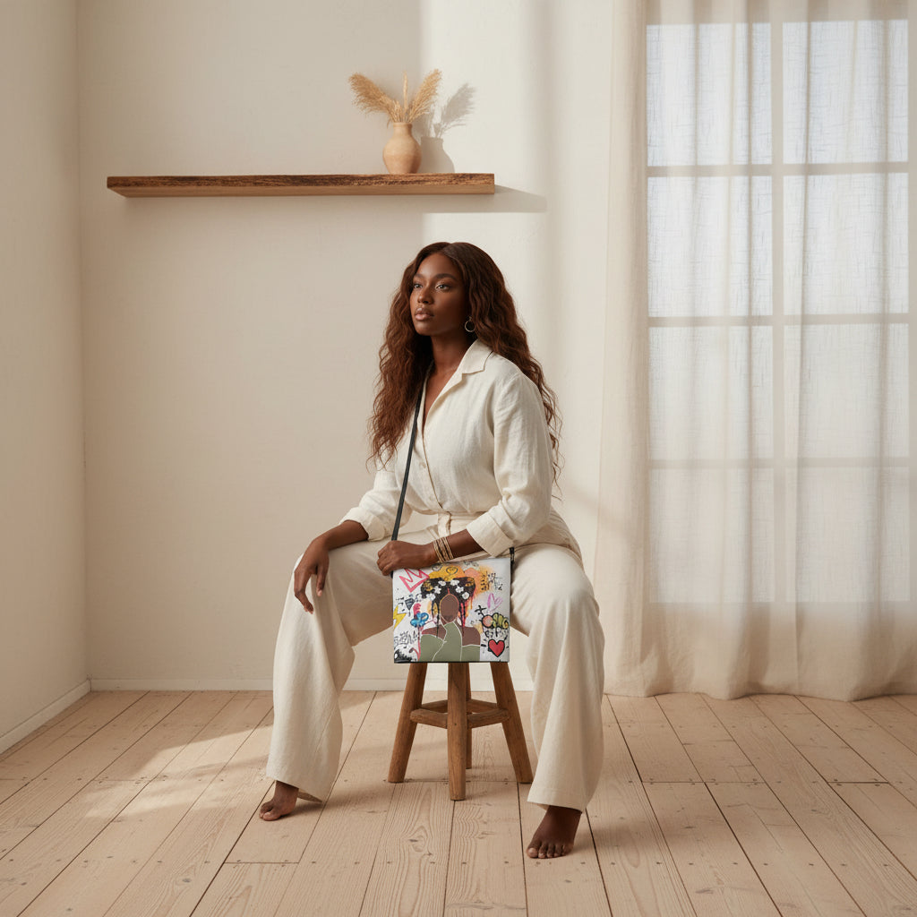 Minimalist Square Crossbody Bucket Bag Featuring Afro-Centric Graphic Art Yoycol