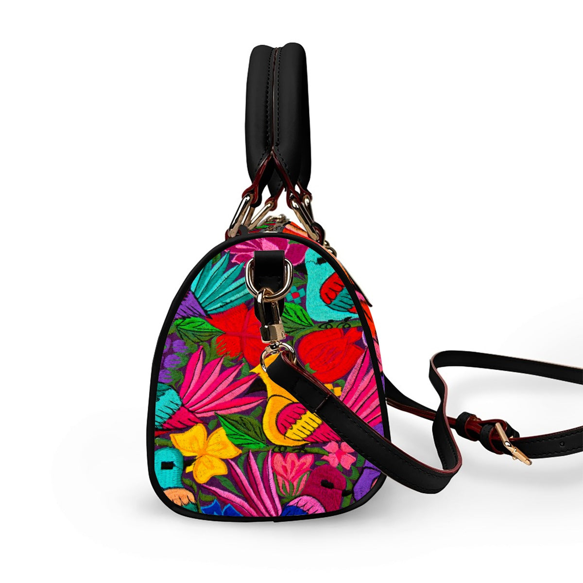 All Over Colorful Botanical and Ornithology Themed Classic Barrel-Shaped PU Leather Handbag