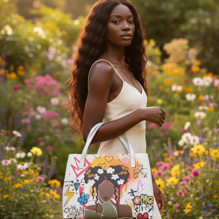 Afro Love & Music Themed Stylish PU Leather Tote Bag