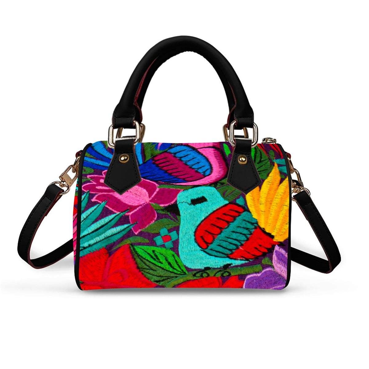 All Over Colorful Botanical and Ornithology Themed Classic Barrel-Shaped PU Leather Handbag