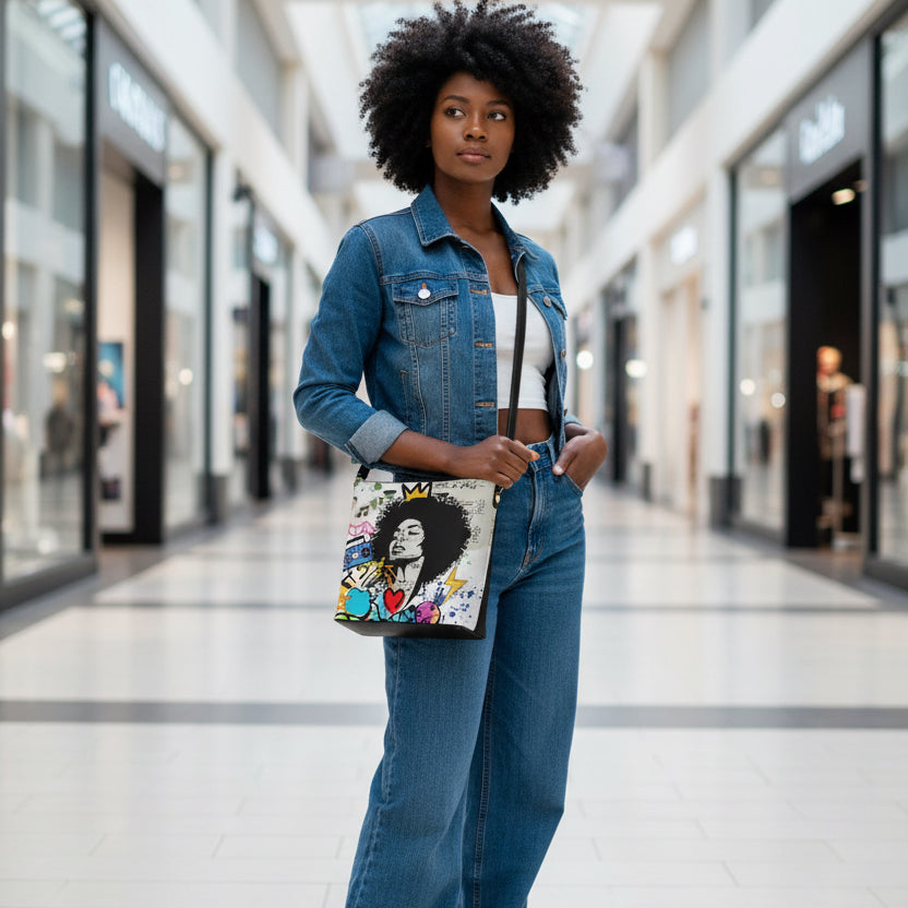 Graffiti Black Art Themed Graphic Minimalist Square Crossbody Bucket Bag