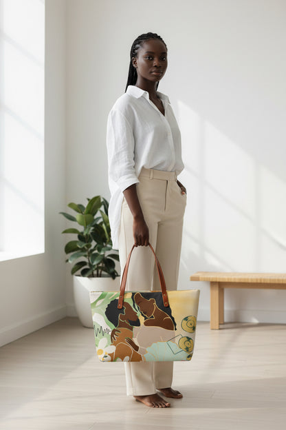 Afro Love & Music Themed Stylish PU Leather Tote Bag