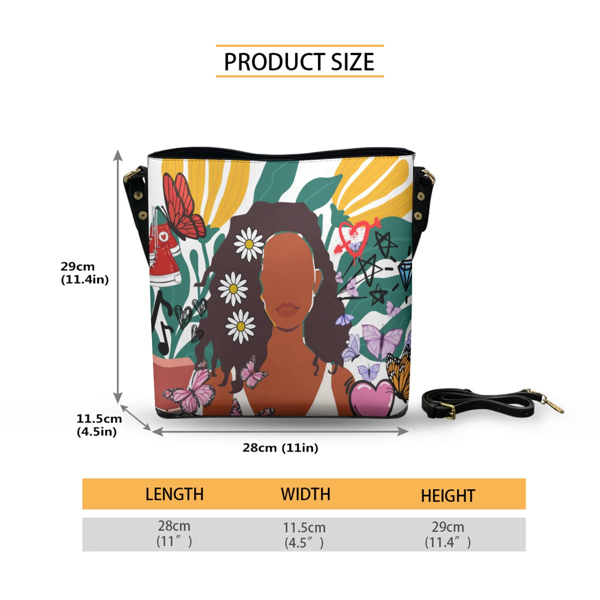 Black Art Themed Graphic Minimalist Square Crossbody Bucket Bag