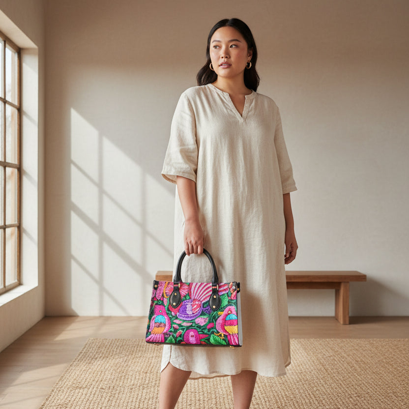 Women's Tote Bag Featuring a Botanical and Ornithological Design with Black Handles