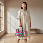 Women's Tote Bag Featuring a Botanical and Ornithological Design with Black Handles
