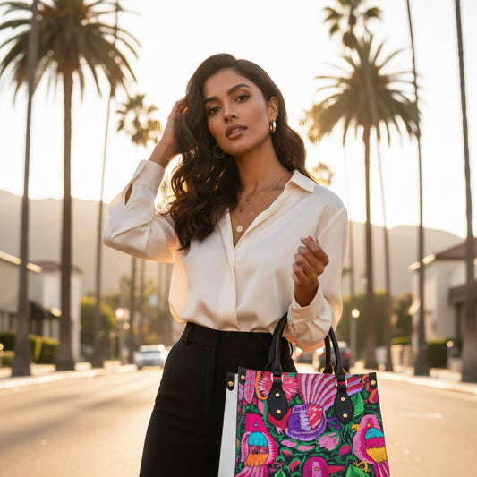 Botanical Ornithology Themed Women's Tote Bag With Black Handle