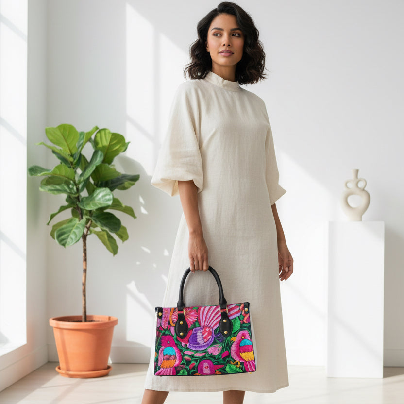 Botanical Ornithology Themed Women's Tote Bag With Black Handle