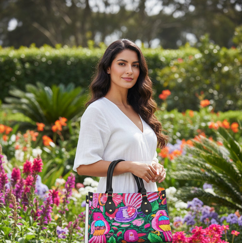 Botanical Ornithology Themed Women's Tote Bag With Black Handle
