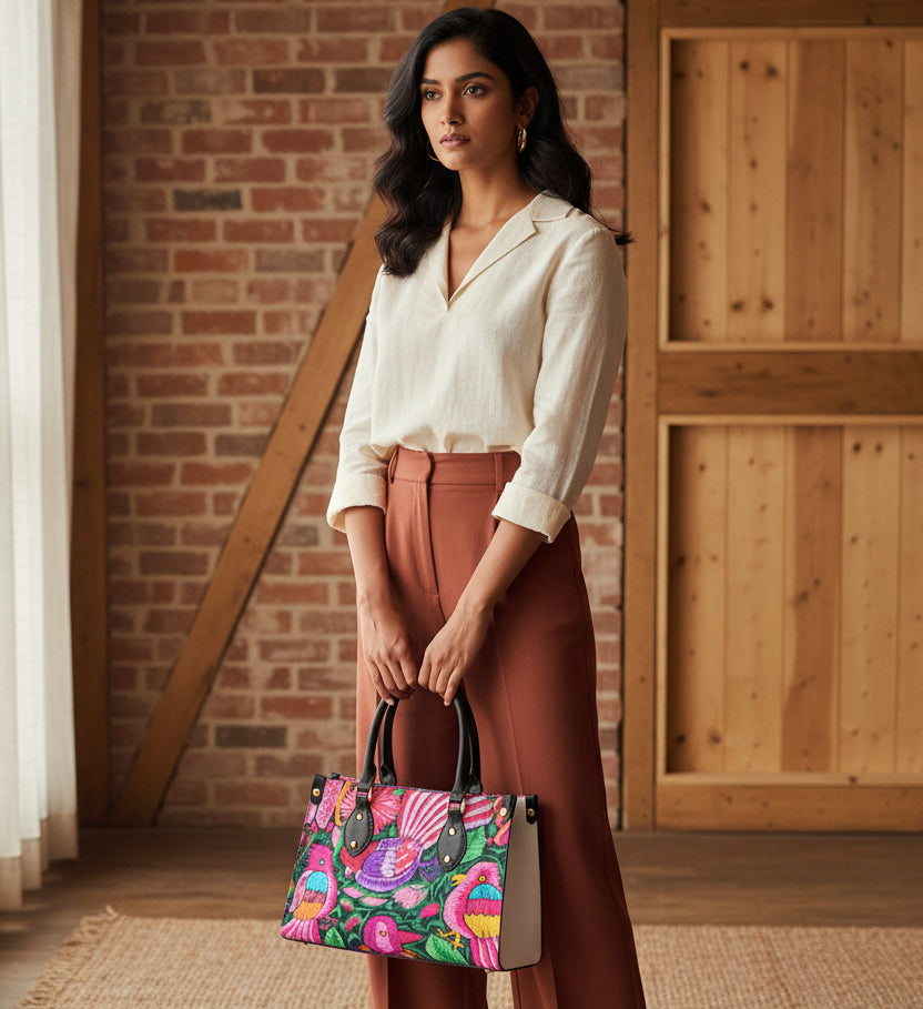 Women's Tote Bag Featuring a Botanical and Ornithological Design with Black Handles