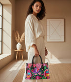 Women's Tote Bag Featuring a Botanical and Ornithological Design with Black Handles