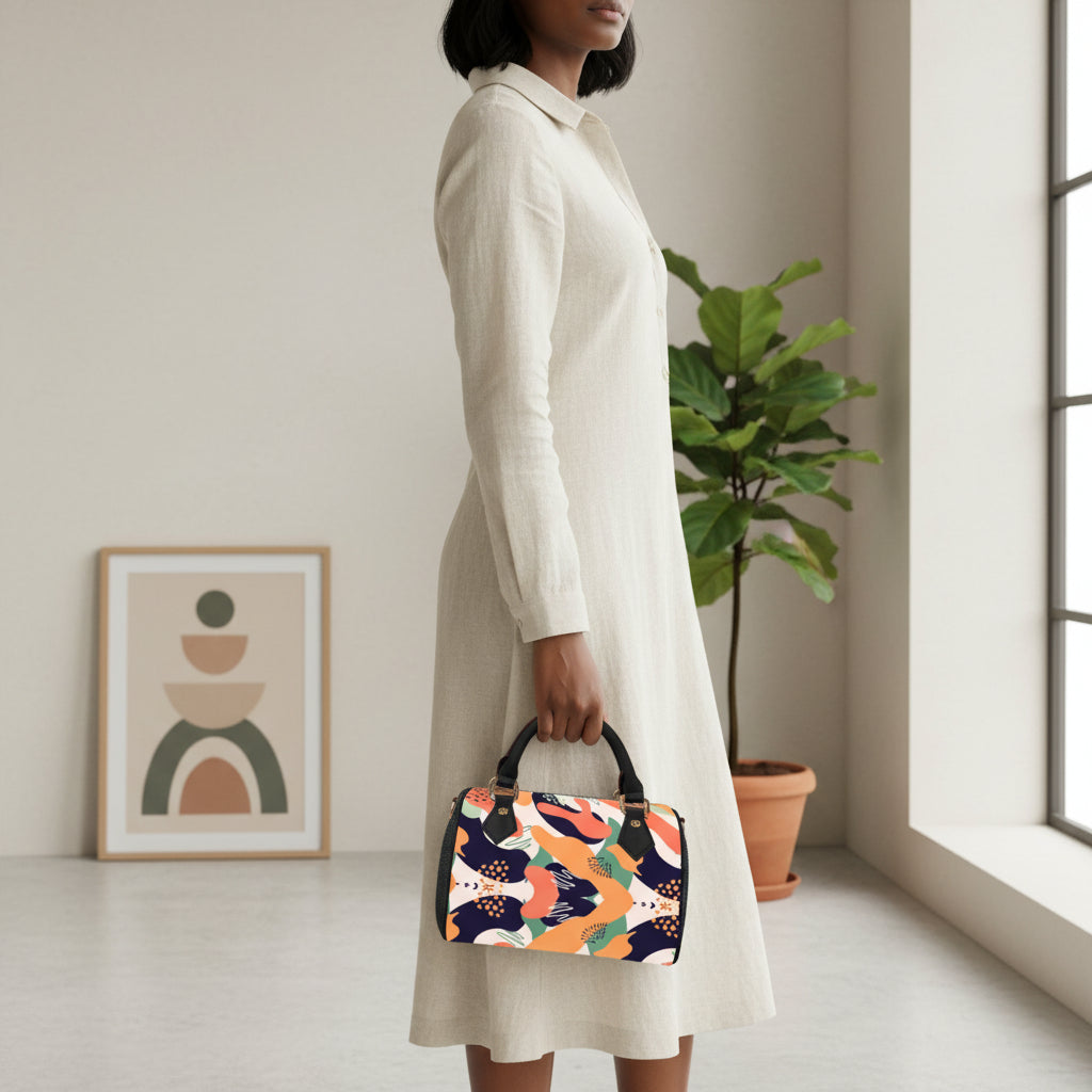 Colorful Patterned Classic Barrel-Shaped PU Leather Handbag