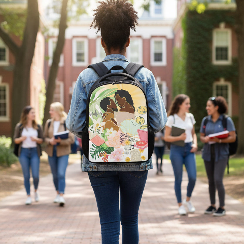 Afro Love and Music Themed Graphic Student Backpack