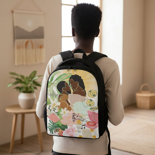 Student Backpack Featuring Afro-Centric Love and Musical Motifs