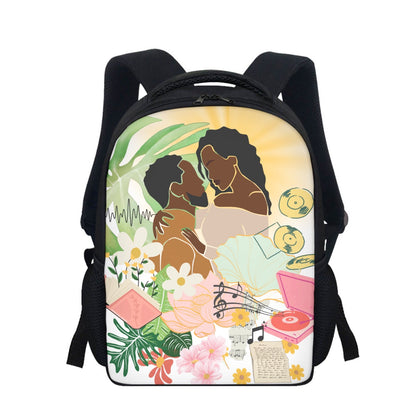 Student Backpack Featuring Afro-Centric Love and Musical Motifs