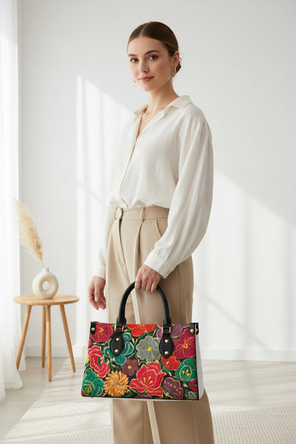 Embroidery Inspired Botanical Themed Women's Tote Bag With Black Handle