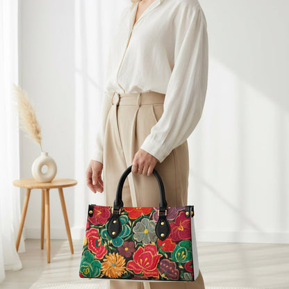 Embroidery Inspired Botanical Themed Women's Tote Bag With Black Handle