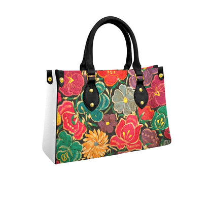 Embroidery Inspired Botanical Themed Women's Tote Bag With Black Handle