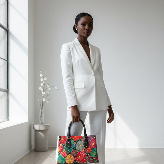 Embroidery Inspired Botanical Themed Women's Tote Bag With Black Handle