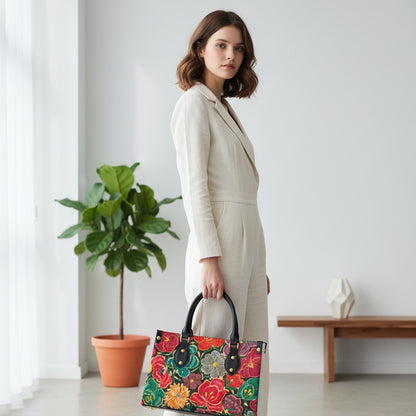 Embroidery Inspired Botanical Themed Women's Tote Bag With Black Handle