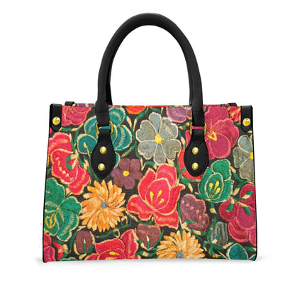 Embroidery Inspired Botanical Themed Women's Tote Bag With Black Handle