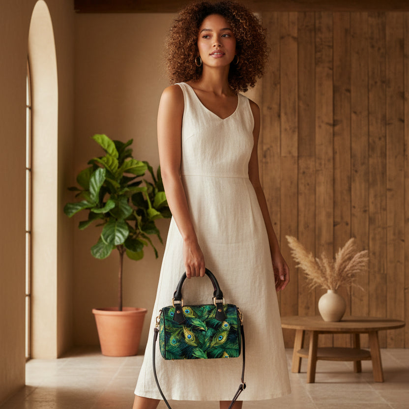 Classic Barrel-Shaped PU Leather Handbag Featuring a Peacock Feather-Inspired Design