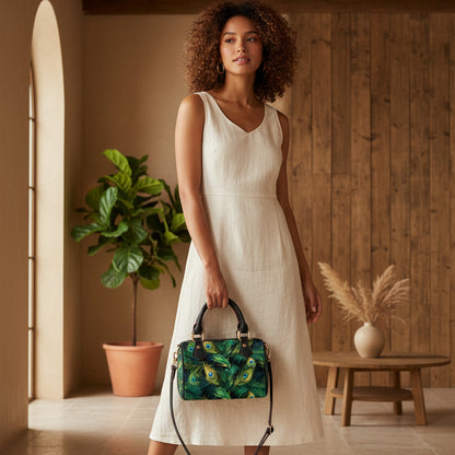 Classic Barrel-Shaped PU Leather Handbag Featuring a Peacock Feather-Inspired Design