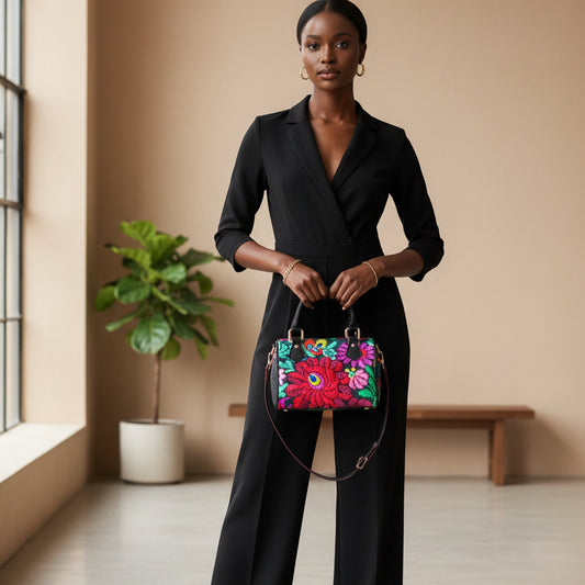 Botanical Floral Themed Barrel-Shaped PU Leather Handbag