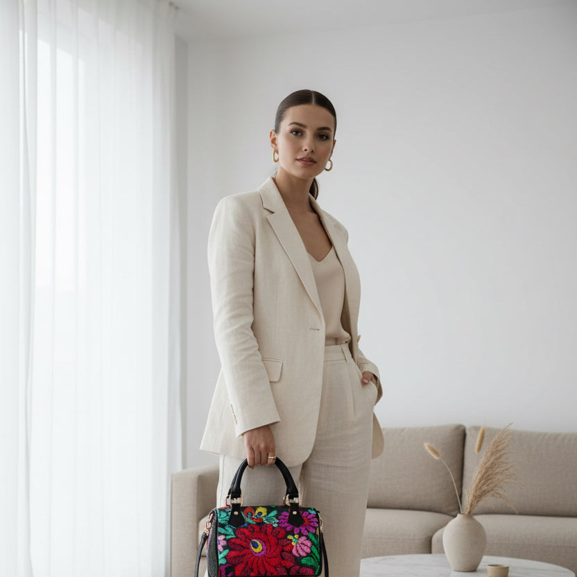 Botanical Floral Themed Barrel-Shaped PU Leather Handbag