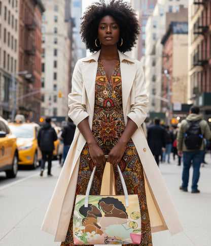 Afro Love & Music Themed PU Leather Tote Bag