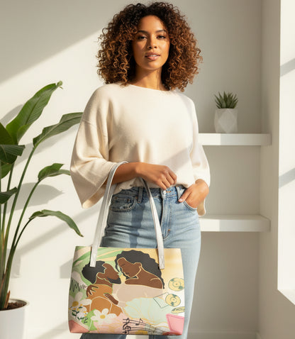 Afro Love & Music Themed PU Leather Tote Bag