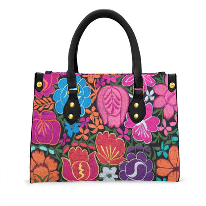 Colorful Embroidery Inspired Floral Themed Women's Tote Bag With Black Handle