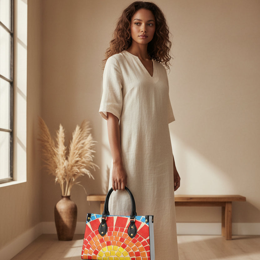 Colorful Tile Themed Women's Tote Bag With Black Handle