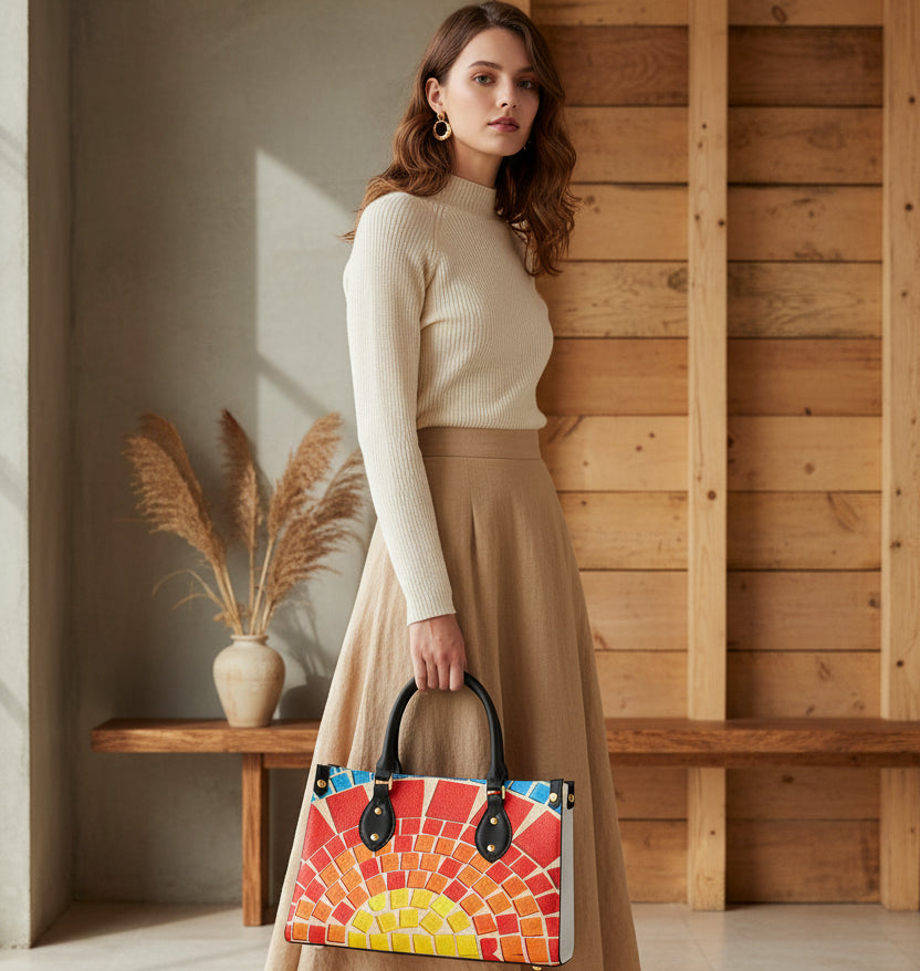 Colorful Tile Themed Women's Tote Bag With Black Handle