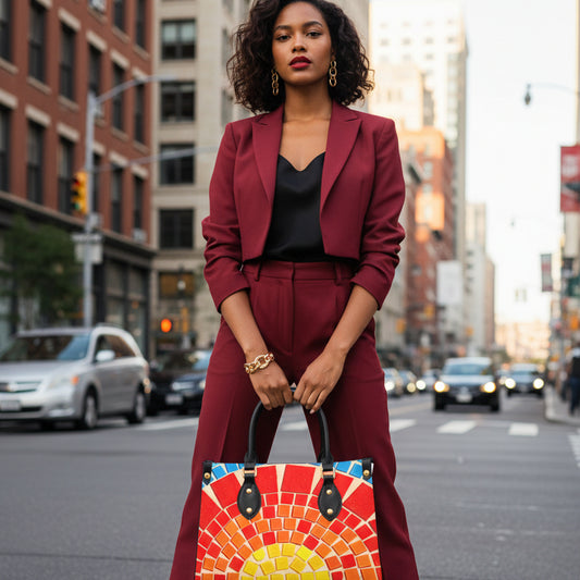 Colorful Tile Themed Women's Tote Bag With Black Handle
