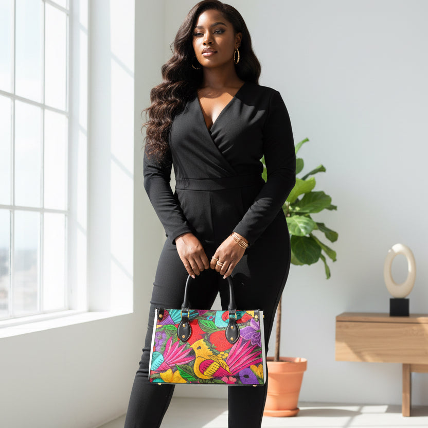 Botanical & Bird Themed Women's Tote Bag With Black Handle