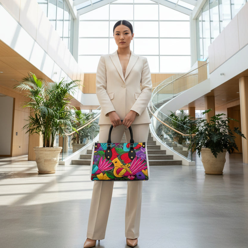 Botanical & Bird Themed Women's Tote Bag With Black Handle