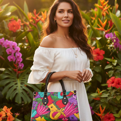 Botanical & Bird Themed Women's Tote Bag With Black Handle