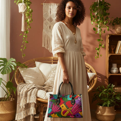 Botanical & Bird Themed Women's Tote Bag With Black Handle