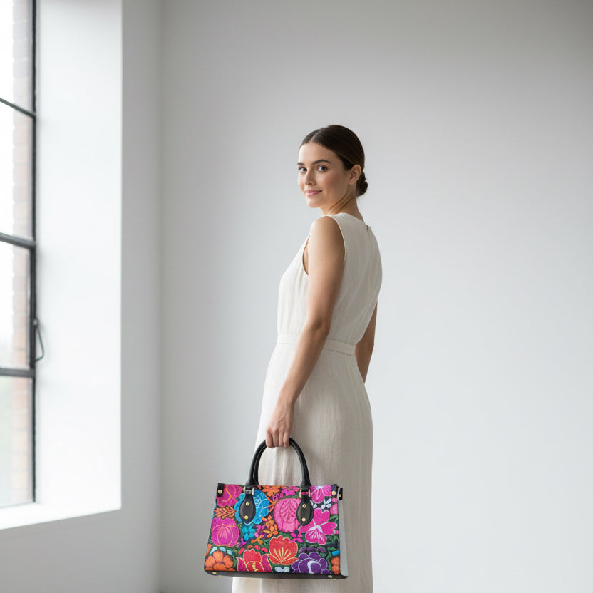 Colorful Embroidery Inspired Floral Themed Women's Tote Bag With Black Handle