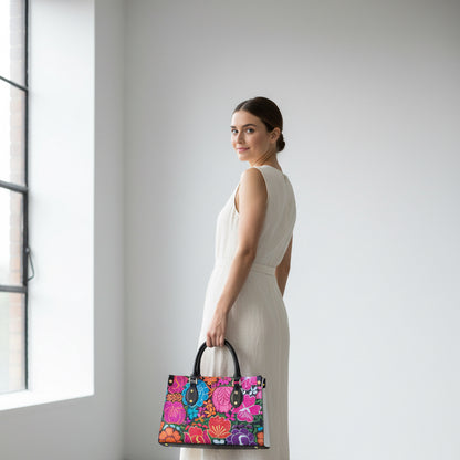 Colorful Embroidery Inspired Floral Themed Women's Tote Bag With Black Handle