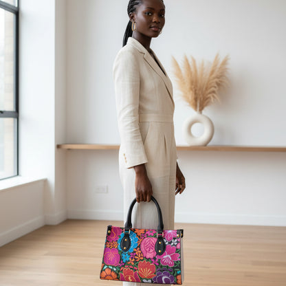 Colorful Embroidery Inspired Floral Themed Women's Tote Bag With Black Handle