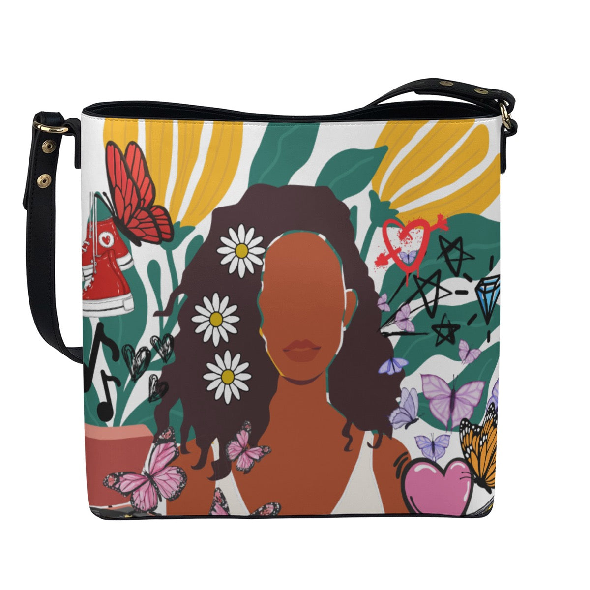 Black Art Themed Graphic Minimalist Square Crossbody Bucket Bag
