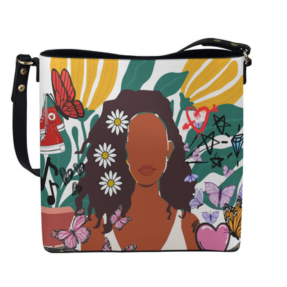 Black Art Themed Graphic Minimalist Square Crossbody Bucket Bag