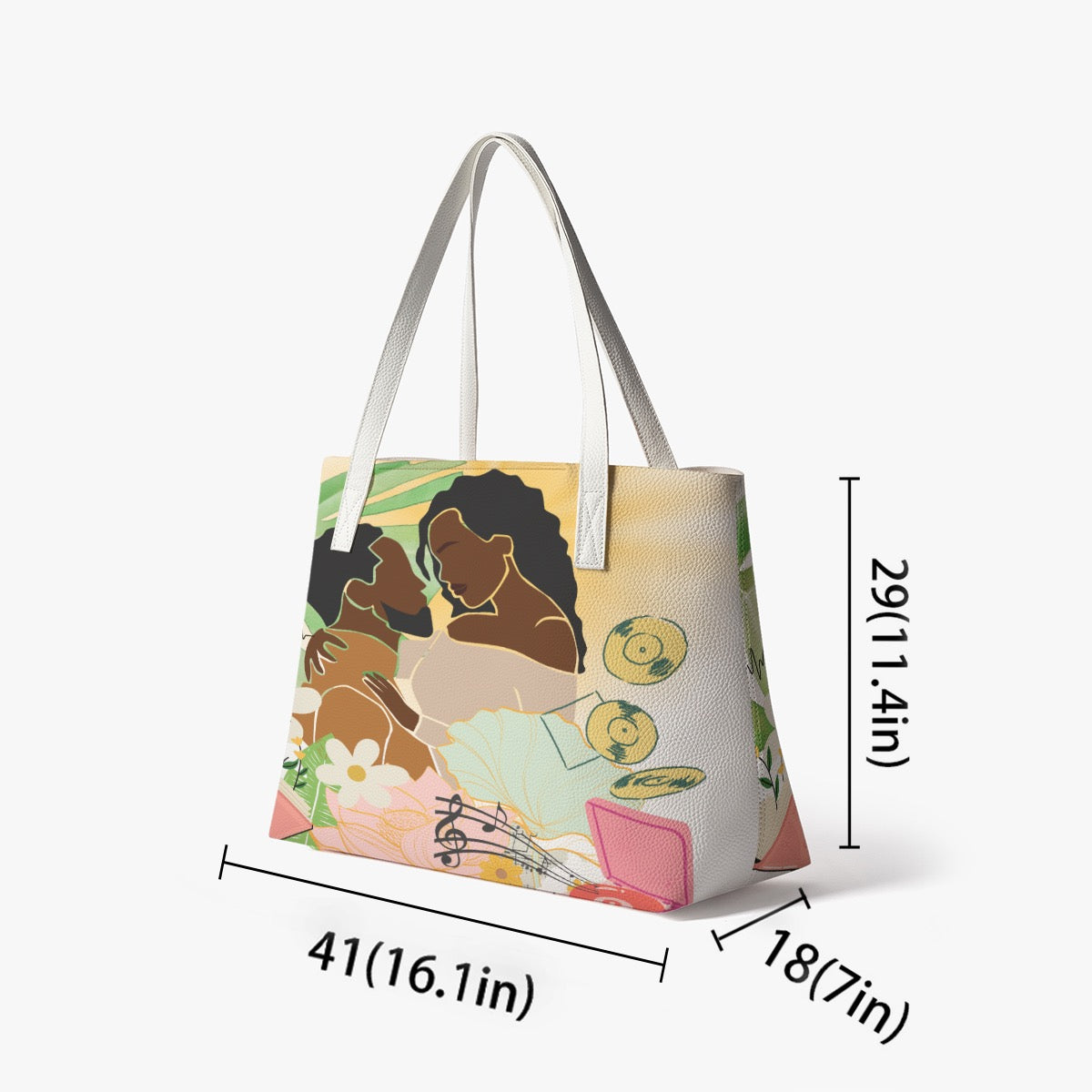 Afro Love & Music Themed PU Leather Tote Bag