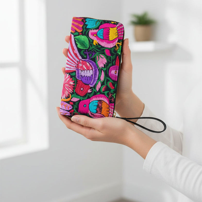 Botanical Bird Themed Long Wallet With Black Hand Strap