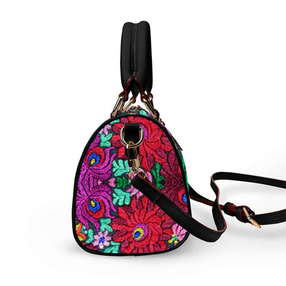 All -Over Colorful Floral Themed Classic Barrel-Shaped PU Leather Handbag