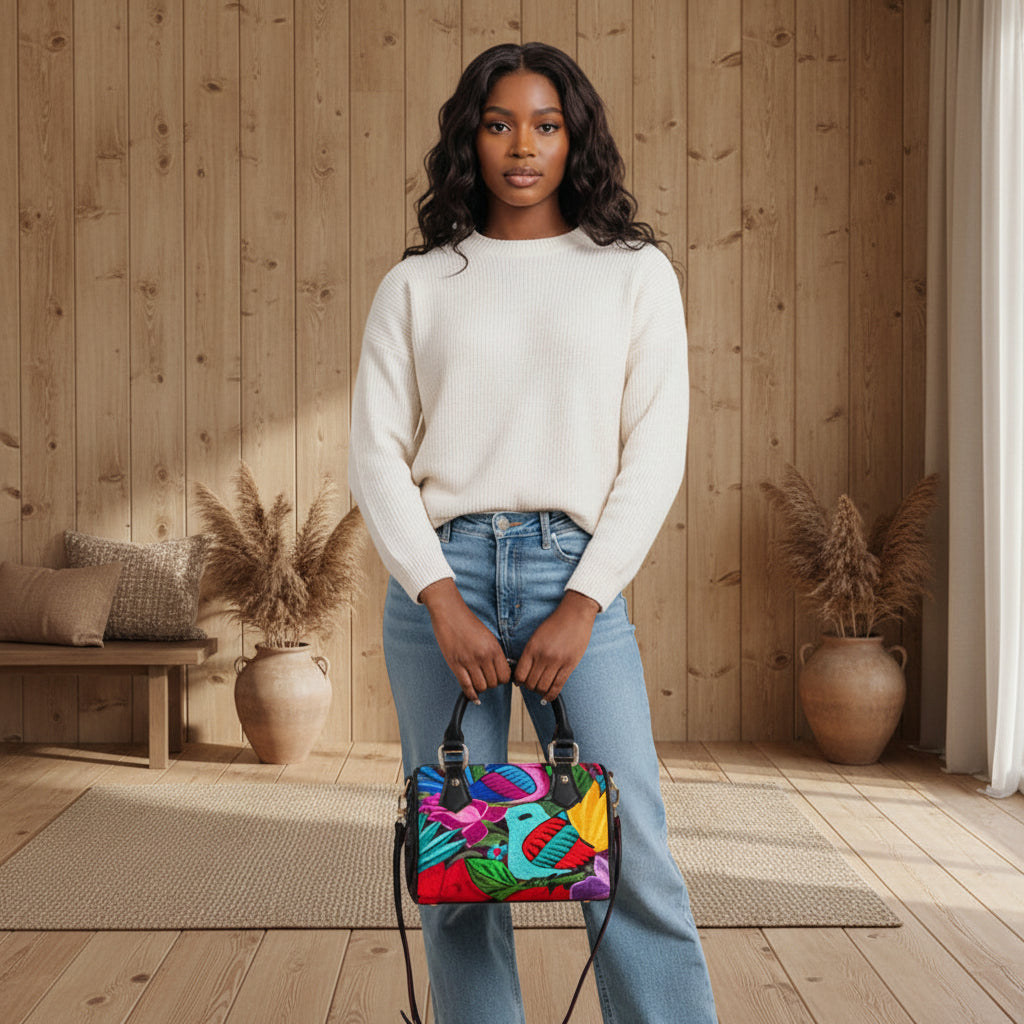 Classic Barrel-Shaped PU Leather Handbag with an Ornithological and Floral Design Yoycol